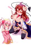  2girls ahoge blush breath brown_hair chiyoda_momo curled_horns demon_girl demon_horns demon_tail drinking_pee duplicate expressive_tail eyebrows_visible_through_hair fang hair_ornament highres hiroshix31 horns long_hair machikado_mazoku magical_girl multiple_girls open_mouth pink_hair shiny shiny_hair short_hair simple_background skin_fang skirt steam suggestive_fluid sweat tail white_background yoshida_yuuko_(machikado_mazoku) yuri 