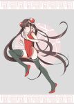 1girl absurdly_long_hair bangs bare_arms bare_shoulders black_legwear blush breasts brown_hair bun_cover character_name china_dress chinese_clothes closed_mouth commentary_request danganronpa_(series) danganronpa_v3:_killing_harmony double_bun dress eyebrows_visible_through_hair fighting_stance from_side frown full_body grey_background hair_ornament hands_up harukawa_maki knee_up long_hair looking_at_viewer red_dress red_eyes red_footwear shoes small_breasts solo standing standing_on_one_leg thighhighs twintails very_long_hair yoshi_taka_(y_04taka) 