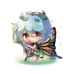  1girl :o antennae artist_name barefoot blue_hair blush butterfly_wings chibi commentary_request daisy dress eternity_larva eyebrows_visible_through_hair eyes_visible_through_hair falling_leaves flower full_body green_dress hair_between_eyes hair_leaf highres holding holding_flower leaf looking_at_viewer orange_eyes pink_flower pudding_(skymint_028) short_hair simple_background smelling_flower solo touhou white_background wings 