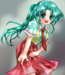  1girl :d collared_shirt green_eyes green_hair higurashi_no_naku_koro_ni holding holding_clothes holding_skirt long_hair lowres necktie official_style open_clothes open_mouth open_vest ponytail red_neckwear red_skirt ryuukishi07_(style) shirt short_sleeves skirt smile solo sonozaki_mion vest white_shirt yasuhito_(yasu_no_e) yellow_vest 