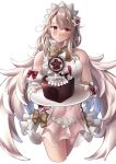  1girl absurdres bare_shoulders blush breasts cake chocolate_cake detached_sleeves eyebrows_visible_through_hair fate/grand_order fate_(series) food giving grey_hair hair_between_eyes head_tilt heart-shaped_cake highres holding holding_plate illyasviel_von_einzbern long_hair looking_at_viewer medium_breasts navel numaguro_(tomokun0808) older panties plate prisma_illya red_eyes see-through simple_background solo underwear valentine very_long_hair white_background 