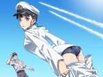  1boy 1girl ass black_eyes black_hair black_swimsuit blue_sky condensation_trail crotch_seam dutch_angle epaulettes eyebrows_visible_through_hair from_behind hat highres jacket kogarashi51 looking_at_viewer looking_back military military_hat military_uniform pants pants_pull peaked_cap pulled_by_self sakamoto_mio sky standing strike_witches swimsuit swimsuit_under_clothes uniform white_headwear white_jacket white_pants world_witches_series 