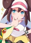  1girl bangs black_legwear blush breasts brown_hair chin_stroking commentary double_bun gen_5_pokemon hair_between_eyes hand_on_hip highres legwear_under_shorts long_hair nakikot_t open_mouth pantyhose pokemon pokemon_(creature) pokemon_(game) pokemon_bw2 raglan_sleeves rosa_(pokemon) shirt short_shorts shorts sidelocks snivy sparkle starter_pokemon twintails two-tone_headwear visor_cap yellow_shorts 