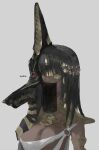 1girl animal_ears anubis bangosu bangs black_hair breasts cleavage commentary_request covered_mouth dark_skin dark_skinned_female egyptian egyptian_clothes fake_animal_ears grey_background highres jackal_ears jewelry large_breasts long_hair mouth_veil original red_eyes sharp_teeth signature simple_background solo teeth upper_body very_dark_skin yellow_eyes 