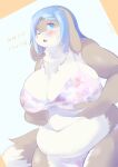  2021 4_fingers absurd_res anthro belly big_breasts blue_hair blush bodily_fluids bottomwear bra breasts brown_body brown_fur canid canine canis chest_tuft clothing domestic_dog female fingers floppy_ears fluffy fur hair hi_res huge_breasts japanese_text kemono looking_at_viewer mammal multicolored_body multicolored_fur navel open_mouth overweight overweight_anthro overweight_female panties signature solo sweat sweatdrop teeth text tongue topwear translation_request tuft ukenya underwear white_body white_fur 