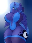  3:4 anthro big_breasts breasts camel_toe clothing coatieyay equid equine female friendship_is_magic hasbro hi_res horn huge_breasts legwear mammal my_little_pony nipple_outline one_eye_closed overweight overweight_anthro overweight_female princess_luna_(mlp) solo thick_thighs thigh_highs wide_hips winged_unicorn wings wink 