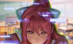  1girl artist_name bangs blurry blurry_background blush bow classroom daria_leonova desk doki_doki_literature_club english_text face hair_bow heart heart-shaped_pupils implied_fellatio indoors long_hair looking_at_viewer monika_(doki_doki_literature_club) school_desk silk solo sweat symbol-shaped_pupils watermark web_address 