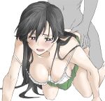  1girl all_fours arm_support black_hair bra breasts cleavage doggystyle elf_(stroll_in_the_woods) girls_und_panzer green_skirt head_out_of_frame isuzu_hana lace-trimmed_bra lace_trim large_breasts long_hair navel no_panties purple_eyes pussy_juice sex sex_from_behind skirt solo_focus strap_slip topless underwear very_long_hair white_background 