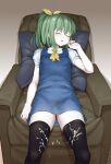  1girl absurdres bangs black_legwear blouse blue_skirt blue_vest blush breasts closed_eyes collared_blouse colored_skin commentary_request cookie_(touhou) cum cum_on_clothes daiyousei diyusi_(cookie) eyebrows_visible_through_hair feet_out_of_frame green_hair highres hizashi_no_naka_no_real indoors medium_hair necktie open_mouth pillow ponytail puffy_short_sleeves puffy_sleeves recliner short_sleeves sinzen skirt sleeping small_breasts solo thighhighs touhou translation_request vest white_blouse white_skin wooden_floor yellow_neckwear 