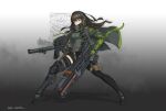  1girl absurdres artist_name assault_rifle bangs black_footwear black_gloves black_legwear breasts brown_hair dual_wielding exoskeleton eyebrows_visible_through_hair full_body girls_frontline gloves green_hair green_jacket gun hair_between_eyes headphones highres holding holding_gun holding_weapon jacket long_hair m4a1_(girls_frontline) marksanwel open_clothes open_jacket orange_eyes rifle scarf solo thighhighs weapon 