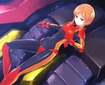  1girl blue_eyes clenched_hand covered_navel flat_chest gloves gundam gundam_zz highres ishiyumi leaning_back light_smile looking_at_viewer open_hand orange_hair pilot_suit puru_two red_gloves short_hair solo 