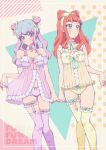  2girls aikatsu!_(series) aikatsu_stars! babydoll babydoll_lift bangs bare_shoulders blue_hair blunt_bangs blush bow bow_panties candy_earrings choker collarbone commentary_request cowboy_shot detached_sleeves double_bun earrings eyebrows_visible_through_hair eyelashes frilled_babydoll frilled_choker frilled_hairband frilled_panties frilled_straps frills garter_straps green_bow green_eyes green_nails green_ribbon hair_bow hair_down hair_ribbon hairband hanazono_kirara heart heart_choker highres jewelry knees_together_feet_apart lingerie lips lipstick long_hair looking_away looking_down looking_to_the_side makeup moyashi_(m-planter) multicolored multicolored_background multicolored_hair multiple_girls nail_polish navel negligee orange_hair panties pink_bow pink_hair pink_lips pink_nails pinky_swear polka_dot polka_dot_background polka_dot_bow polka_dot_ribbon pom_pom_(clothes) pom_pom_earrings purple_babydoll purple_legwear purple_panties ribbon ribbon_choker saotome_ako see-through shiny shiny_hair shiny_skin sidelocks spaghetti_strap star_(symbol) star_print streaked_hair thigh_gap thigh_strap thighhighs underwear underwear_only yellow_bow yellow_hairband yellow_panties yellow_ribbon yuri 