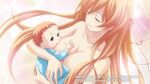  1girl baby blonde_hair blue_eyes breast_feeding breast_sucking breasts censored chaos;child closed_eyes closed_mouth collarbone hair_between_eyes hair_over_one_breast huge_breasts kurusu_nono large_breasts long_hair mother_and_son official_art ribbon sasaki_mutsumi solo_focus standing 