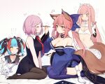  animal animal_ears blush bow choker dress fate/grand_order fate_(series) long_hair mash_kyrielight medb_(fate/grand_order) muryou pink_hair purple_hair sey_shonagon short_hair stockings tail tamamo_no_mae_(fate) twintails yellow_eyes 