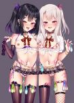  2girls :d bangs bare_shoulders belt black_choker black_hair black_legwear black_nails blush breasts brown_eyes choker clothing_request collarbone commentary_request condom condom_packet_strip condom_wrapper corruption crop_top cum cum_on_hands detached_sleeves earrings eyebrows_visible_through_hair fate/kaleid_liner_prisma_illya fate_(series) fishnet_legwear fishnets grey_belt hair_between_eyes hair_ornament hand_up heart highleg highleg_panties highres holding holding_condom illyasviel_von_einzbern jewelry long_hair looking_at_viewer microskirt mismatched_legwear miyu_edelfelt multiple_girls nail_polish navel navel_piercing nipple_piercing nipples object_insertion one_side_up open_mouth panties piercing puririn red_eyes red_ribbon remote_control_vibrator ribbon sex_toy shiny shiny_clothes shiny_legwear short_sleeves shoulder_tattoo skindentation skirt small_breasts smile standing stomach tattoo thighhighs tongue tongue_out underwear used_condom vibrator 