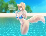  absurd_res anthro beach bikini blonde_hair bottomless breasts butt canid canine cleavage clothed clothing english_text female fox fur hair hi_res inviting looking_at_viewer mammal metroid mostly_nude naturally_censored nintendo palm_tree plant samus_aran seaside side_view solo speech_bubble swimwear text tree tropical undressing video_games water wide_hips wyla yellow_body yellow_fur zero_suit 