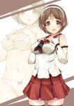  1girl bangs blush bra breasts brown_eyes brown_hair cleavage detached_sleeves eyebrows_visible_through_hair hairband hands_on_own_chest highres kantai_collection large_breasts multiple_views natori_(kancolle) neckerchief open_mouth panties red_neckwear red_sailor_collar red_skirt sailor_collar short_hair simple_background skirt thighhighs underwear white_bra white_hairband white_panties yashin_(yasinz) 