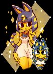  2girls :3 animal_crossing animal_ears ankha_(animal_crossing) bangs black_eyes blonde_hair blunt_bangs blunt_ends blush body_fur breasts cat_ears cat_girl cat_tail colored_skin commentary convenient_leg cropped_legs dress egyptian egyptian_clothes eyeliner groin hair_ornament hand_up highres looking_up makeup multicolored_hair multiple_girls no_panties no_pussy purple_eyes rariatto_(ganguri) see-through short_hair simple_background snake_hair_ornament standing streaked_hair striped_tail tail two-tone_hair usekh_collar white_dress yellow_fur yellow_skin 