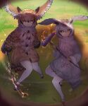  2girls bangs bird_tail black_hair brown_coat brown_hair coat commentary_request eurasian_eagle_owl_(kemono_friends) eyebrows_visible_through_hair fur_collar gloves glowing glowing_weapon grass grey_coat hair_between_eyes head_wings highres kemono_friends long_sleeves looking_at_viewer multicolored_hair multiple_girls northern_white-faced_owl_(kemono_friends) orange_eyes outdoors pantyhose shadow short_hair tadano_magu v-shaped_eyebrows weapon white_gloves white_hair white_legwear yellow_gloves 
