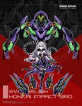  1girl absurdres bangs bare_shoulders black_eyes bronya_zaychik bronya_zaychik_(herrscher_of_reason) collarbone copyright_name crossover detached_collar dress drill_hair eva_01 funnels grey_hair highres honkai_(series) honkai_impact_3rd long_hair mecha neon_genesis_evangelion open_hands purple_dress science_fiction smile thighhighs vistahero 