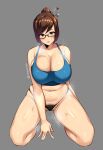  1girl absurdres belly black-framed_eyewear black_panties breasts brown_eyes brown_hair cleavage commentary covered_nipples english_commentary fat_folds female_pubic_hair glasses hair_bun hair_ornament hair_stick highres huge_breasts kneeling looking_at_viewer mei_(overwatch) muffin_top overwatch panties plump pubic_hair pubic_hair_peek short_hair sole_gem solo sweat tank_top thick_thighs thighs underwear 