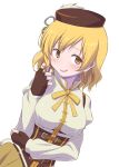  1girl alternate_hair_length alternate_hairstyle beret blonde_hair blush breasts corset fingerless_gloves gloves hair_ornament hat highres magical_girl mahou_shoujo_madoka_magica ribbon short_hair solo tomoe_mami touyu_(yuruyuruto) yellow_eyes 