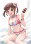  1girl :d bangs bikini blush bracelet breasts brown_eyes brown_hair cleavage collarbone commentary_request double_bun food frilled_bikini frills hair_ornament hand_up highres holding holding_food ice_cream idolmaster idolmaster_shiny_colors jewelry looking_at_viewer medium_breasts navel necklace open_mouth short_hair sitting smile solo sonoda_chiyoko soramame_tomu stomach swimsuit twintails 