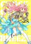 1girl :d akira_ituki blue_bow blue_skirt bow floating_hair garter_straps green_eyes holding holding_microphone_stand long_hair long_sleeves macross macross_7 microphone_stand music mylene_jenius open_mouth pink_hair shiny shiny_hair singing skirt smile solo standing thigh_strap thighhighs very_long_hair white_legwear yellow_background 