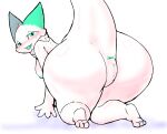  3_toes 4_fingers all_fours anne_(cocolog) anthro anus big_butt blush bodily_fluids breasts butt cocolog feet female fingers fur genitals green_body green_eyes green_fur grey_body grey_fur huge_butt kemono looking_at_viewer looking_back nipples nude open_mouth pussy simple_background solo sweat sweatdrop thick_thighs toes unknown_species white_background white_body white_fur 