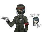  1girl armband bandages bangs beard black_hair brown_eyes danganronpa_(series) danganronpa_v3:_killing_harmony facial_hair fake_beard fake_facial_hair genderswap genderswap_(mtf) gloves hat highres jacket long_hair long_sleeves looking_at_viewer mask military military_uniform mouth_mask no_(xpxz7347) school_uniform shinguuji_korekiyo simple_background spoilers translation_request uniform upper_body white_background yellow_eyes 