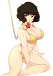  1girl absurdres bangs bikini breasts brown_eyes brown_hair chain cleavage collar commentary eyebrows_visible_through_hair heart highres kawakami_sadayo large_breasts legs looking_at_viewer navel persona persona_5 persona_5_the_royal short_hair simple_background sitting slugbox solo swimsuit thighs white_background yellow_bikini yellow_collar 
