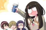  4girls :d alcohol animal black_hair blonde_hair closed_eyes commentary dog drunk eyebrows_visible_through_hair fang glasses grin hanya_(hanya_yashiki) hat highres inuyama_aoi long_hair multiple_girls oogaki_chiaki opaque_glasses open_mouth purple_hair rectangular_eyewear round_eyewear saitou_ena sake short_hair simple_background skin_fang smile thick_eyebrows toast_(gesture) toba_minami tongue tongue_out yurucamp 