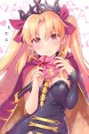  1girl animal_print asymmetrical_clothes asymmetrical_sleeves bangs black_dress blonde_hair blush box breasts brown_nails cape cleavage closed_mouth commentary_request dress earrings ereshkigal_(fate) fate/grand_order fate_(series) flying_sweatdrops furrowed_eyebrows gift gift_box gold_trim hair_ribbon hands_up heart heart-shaped_box highres holding holding_gift hood hooded_cape hoop_earrings incoming_gift infinity jewelry leaning_to_the_side long_hair long_sleeves looking_at_viewer medium_breasts multicolored multicolored_cape multicolored_clothes nervous parted_bangs red_cape red_eyes red_ribbon ribbon rioshi single_sleeve solo spine strap two_side_up upper_body valentine very_long_hair wavy_mouth yellow_cape 