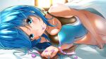  1girl bed blue_eyes blue_hair blue_swimsuit breasts cleavage commentary_request competition_swimsuit cowboy_shot garter-velvet heart highres indoors long_hair looking_at_viewer lying medium_breasts mouth_hold on_side one-piece_swimsuit original solo swimsuit two-tone_swimsuit window 