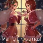  2girls :d alisha_diphda bag blue_eyes blurry blurry_background brown_hair capelet dress drill_hair from_side fur-trimmed_capelet fur-trimmed_dress fur-trimmed_gloves fur_trim gift_bag gloves green_eyes green_ribbon grin hair_ornament hair_ribbon hand_on_hip highres holding holding_bag leg_ribbon looking_at_viewer merry_christmas multiple_girls off-shoulder_dress off_shoulder open_mouth red_capelet red_dress red_gloves red_hair ribbon rose_(tales) santa_costume short_dress short_hair side_ponytail signature smile snowflake_hair_ornament snowing tales_of_(series) tales_of_zestiria thighhighs ubo_(ubo_tales) white_gloves zettai_ryouiki 