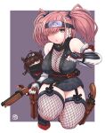  2girls alternate_costume atlanta_(kancolle) border breasts brown_hair cleavage commentary_request fishnet_legwear fishnets forehead_protector fukidamari_no_peke full_body garter_straps gauntlets grey_background grey_eyes gun hair_flaps hair_over_one_eye hatsuzuki_(kancolle) highres japanese_clothes kantai_collection kunai large_breasts long_hair looking_at_viewer mask mouth_mask multiple_girls ninja ninja_mask short_hair solo_focus thighhighs two-tone_background two_side_up weapon weapon_request white_border yellow_eyes 