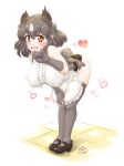  1girl animal_ears apron bangs bare_shoulders bear_ears bear_girl bear_tail bent_over black_hair black_panties blush breasts brown_bear_(kemono_friends) brown_eyes colored_inner_hair covered_nipples embarrassed extra_ears eyebrows_visible_through_hair frilled_apron frills full_body furrowed_eyebrows gloves hair_between_eyes hand_up heart highres kemono_friends large_breasts looking_at_viewer mikan_toshi multicolored_hair no_pants open_mouth panties raised_eyebrow shoes sidelocks skindentation sleeveless solo standing sweat tail thighhighs two-tone_hair underwear white_apron white_hair 