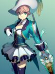  1girl alisha_diphda bangs blonde_hair blue_background blue_jacket blue_legwear breasts bustier choker cleavage closed_mouth earrings gloves gradient gradient_background green_eyes hair_between_eyes hat highres holding holding_spear holding_weapon jacket jewelry looking_at_viewer medium_breasts miniskirt open_clothes open_jacket pleated_skirt polearm ribbon short_hair skirt solo spear standing tales_of_(series) tales_of_zestiria thighhighs ubo_(ubo_tales) weapon white_choker white_gloves white_headwear white_skirt yellow_ribbon zettai_ryouiki 