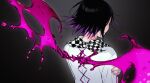  1boy black_hair checkered checkered_neckwear checkered_scarf commentary_request danganronpa_(series) danganronpa_v3:_killing_harmony fake_wings from_behind grey_background hand_up jacket long_sleeves male_focus multicolored multicolored_background multicolored_hair on_(onon2659) ouma_kokichi purple_hair scarf solo two-tone_hair upper_body white_jacket wings 