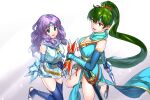  2girls blue_legwear breasts circlet cleavage dual_wielding earrings elbow_gloves fire_emblem fire_emblem:_the_blazing_blade fire_emblem_heroes florina_(fire_emblem) from_side futabaaf gloves green_eyes green_hair holding holding_weapon japanese_clothes jewelry long_hair looking_to_the_side lyn_(fire_emblem) multiple_girls ninja open_mouth ponytail purple_hair scabbard sheath sheathed shuriken simple_background sword weapon 