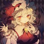  1girl bat_wings brooch candy chocolate chocolate_heart commentary cravat food hands_up hat hat_ribbon heart highres holding jewelry looking_at_viewer mob_cap red_eyes red_neckwear red_ribbon remilia_scarlet ribbon shirt short_hair silver_hair smile solo symbol_commentary touhou upper_body white_headwear wings wiriam07 wrist_cuffs 