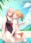  2girls alternate_hairstyle artist_name asymmetrical_docking bangs beach bikini bikini_pull black_swimsuit blunt_bangs blush breast_press cloud eyebrows_visible_through_hair hololive hololive_english long_hair minxei mori_calliope mountain multiple_girls one-piece_swimsuit open_mouth orange_bikini orange_hair parted_lips pink_eyes pink_hair ponytail purple_eyes reward_available sand sky swimsuit takanashi_kiara tied_hair virtual_youtuber yuri 