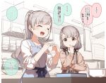  ... 2girls :d :o ^_^ apron bangs black_ribbon blue_apron blush bowl braid braided_bangs brown_eyes brown_shirt closed_eyes commentary_request earrings eyebrows_visible_through_hair grey_hair hair_ornament hair_over_shoulder hair_ribbon hair_scrunchie hands_up heart heart_hands highres hisakawa_hayate hisakawa_nagi idolmaster idolmaster_cinderella_girls indoors jewelry long_hair low_twintails multiple_girls open_mouth ponytail ribbon scrunchie shirt siblings sisters smile spoken_ellipsis striped striped_apron translation_request twins twintails upper_body vertical-striped_apron vertical_stripes very_long_hair white_scrunchie white_shirt yukie_(kusaka_shi) 