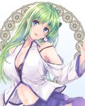  1girl bangs black_bra blue_eyes blue_skirt bra breasts cleavage collared_shirt eyebrows_visible_through_hair frog_hair_ornament fule green_hair hair_ornament head_tilt highres kochiya_sanae large_breasts long_hair long_sleeves looking_at_viewer navel nontraditional_miko off-shoulder_shirt off_shoulder open_mouth shirt simple_background skirt smile snake_hair_ornament solo standing touhou underwear white_background wide_sleeves 