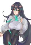  1girl blush breasts clenched_hand erinashi_kin eyebrows_visible_through_hair green_eyes gundam gundam_build_divers gundam_build_divers_re:rise hand_on_own_chest highres large_breasts leaning_to_the_side long_hair may_(gundam_build_divers_re:rise) sketch solo v-shaped_eyebrows very_long_hair white_background wide_hips 