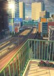  absurdres billboard building cityscape flower_box gingham_vest glint grey_sky highres outdoors railing railroad_tracks rain road shadow skyscraper tenki_no_ko tokyo_(city) train_station 