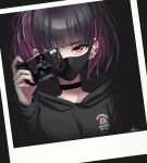  1girl bangs black_hoodie black_mask camera colored_inner_hair disposable_camera ear_piercing english_commentary eyebrows_visible_through_hair hair_behind_ear highres holding holding_camera hood hoodie illest_(brand) mask mouth_mask multicolored_hair official_art one_eye_covered original piercing polaroid promotional_art purple_hair purple_nails red_eyes silenxe solo 