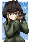  1girl bangs black_gloves black_headwear blonde_hair blue_background blue_eyes bob_cut border closed_mouth commentary eyebrows_visible_through_hair fang frown girls_und_panzer girls_und_panzer_saishuushou gloves green_jumpsuit hand_gesture hands_together helmet highres jumpsuit katyusha_(girls_und_panzer) long_sleeves looking_at_viewer meiya military military_uniform outside_border pravda_military_uniform short_hair snowflake_background solo standing tank_helmet uniform upper_body white_border 