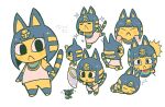  &gt;_&lt; 1girl :3 =_= animal_crossing animal_ears ankha_(animal_crossing) bangs black_eyes blonde_hair blue_hair blush blush_stickers body_fur butterfly_net cat_ears cat_girl cat_tail character_sheet closed_eyes closed_mouth colored_skin commentary_request cropped_torso disembodied_limb dress flower flower_request from_behind full_body furry green_eyes hair_ornament hand_net hands_on_own_face holding holding_butterfly_net insect_request jewelry looking_at_viewer looking_back multicolored_hair multiple_views open_mouth outline profile rariatto_(ganguri) short_hair simple_background sleeping sparkle standing standing_on_one_leg striped sweatdrop tail translation_request two-tone_hair usekh_collar white_background white_dress white_outline yellow_fur yellow_skin zzz 