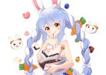  &gt;_&lt; 1girl ame. animal_ear_fluff animal_ears bangs bare_arms bare_shoulders black_leotard blue_hair blush bow bowl braid breasts bunny_ears carrot_hair_ornament chocolate chocolate_on_fingers cleavage closed_mouth commentary don-chan_(usada_pekora) dress eyebrows_visible_through_hair food_on_finger food_themed_hair_ornament fur-trimmed_dress fur_trim hair_between_eyes hair_bow hair_ornament hand_up heart highres holding holding_bowl hololive leotard licking_lips long_hair looking_at_viewer medium_breasts mixing_bowl multicolored_hair no_detached_sleeves nousagi_(usada_pekora) open_mouth red_eyes short_eyebrows simple_background smile strapless strapless_dress strapless_leotard symbol_commentary thick_eyebrows tongue tongue_out twin_braids twintails two-tone_hair upper_body usada_pekora very_long_hair virtual_youtuber white_background white_bow white_dress white_hair 